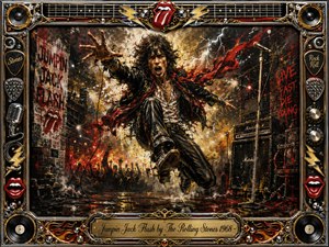 A wild rock frontman leaps toward the viewer through a smoky, explosive stage-alley scene, surrounded by raised hands, amplifiers, lightning, and fiery splashes. Rich blacks, reds, golds, and chrome glow under dramatic lighting. Expressive mixed-media brushwork and grunge textures are enclosed by an ornate music-themed frame and engraved title plate.