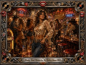 A confident honky-tonk woman commands a smoky, crowded roadhouse alive with dancers, musicians, whiskey glasses, and glowing neon signs. Rich oil-paint textures blend amber, crimson, brown, blue, and chrome highlights under warm bar lighting. An ornate musical frame of records, red lips, guitars, roses, and gold filigree completes the lively vintage scene.
