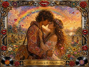 A romantic hippie couple embraces beneath a glowing rainbow in a flower-filled meadow at sunset, surrounded by distant musicians and dancing figures. Warm gold, coral, violet, and turquoise tones create a joyful, dreamy atmosphere. Rich painterly textures blend oil, acrylic, and watercolor effects, framed by ornate musical motifs, roses, records, and chrome details.
