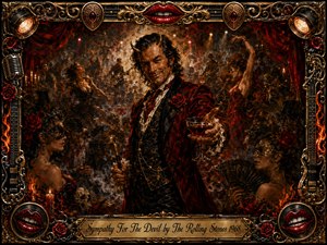 A charismatic devilish gentleman in a crimson velvet suit commands a decadent masked ballroom, offering a wine glass amid swirling dancers, roses, candles, smoke, and shadowy revelers. Rich reds, black, bronze, and gold glow under theatrical lighting. Ornate guitars, microphones, flames, lips, and gilded scrollwork frame the darkly seductive oil-painted scene.
