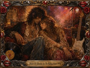 A bohemian couple rests intimately backstage amid guitars, vinyl records, roses, microphones, and glowing stage haze. Warm amber, crimson, bronze, and smoky violet tones create a tender, weary romance. Rich oil-paint textures soften the scene, while an ornate chrome-and-gold musical frame surrounds the nostalgic composition.