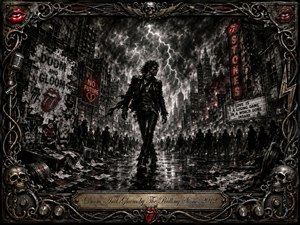 A defiant rocker strides through a storm-ravaged city street beneath jagged lightning, surrounded by shadowy crowds, ruined buildings, torn posters, and glowing red neon. Deep charcoal textures, smoky grays, and selective crimson accents create a bleak, rebellious mood. An ornate metal frame of skulls, cables, chrome, and rock details completes the dramatic composition.