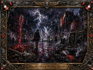 A lone rocker strides through a rain-soaked city beneath violent lightning, surrounded by towering speakers, shattered records, guitars, smoke, and glowing stage lights. Deep blacks, crimson reds, metallic gold, and stormy violet create an apocalyptic mood. Richly textured painting and an ornate music-themed frame intensify the dramatic atmosphere.