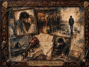 A weathered memory collage captures love fading into final separation, with tender couples, a lonely man walking a rain-soaked road, a wilted rose, handwritten scraps, and dim barroom reflections. Sepia, smoky blue, burgundy, and antique gold tones glow softly within an ornate rosewood-and-metal musical frame, rendered in expressive mixed-media paint.