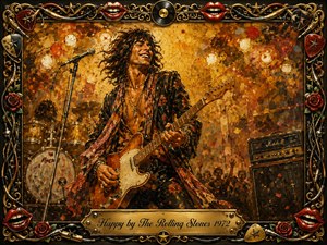 A joyful long-haired guitarist performs beneath glowing golden stage lights, surrounded by drums, amplifiers, confetti, and shadowy concert crowds. Rich oil-paint textures blend warm amber, red, black, and gold tones, creating exuberant 1970s rock energy. An ornate musical frame of roses, lips, strings, picks, and chrome details completes the celebratory composition.
