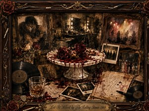 A dark, nostalgic rock shrine centers on a blood-red stained cake crowned with wilted roses, surrounded by vinyl records, whiskey, handwritten pages, Polaroids, and faded performance memories. Warm amber dressing-room lights and smoky stage glow illuminate rich browns, crimson, black, and antique gold in a textured painterly collage framed with ornate musical details.