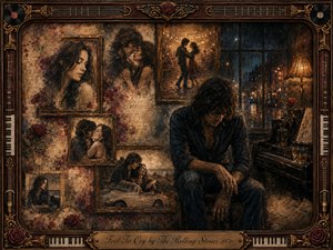 A sorrowful man sits beside a piano in a rain-darkened room, surrounded by framed memories of romance, dancing, and quiet affection. Warm sepia, deep brown, burgundy, and midnight blue tones create a nostalgic mood. Rich painterly textures, soft lamplight, roses, instruments, and ornate gold detailing evoke love, regret, and fading memories.