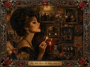 A glamorous woman holds a burning match in a shadowy 1960s interior, surrounded by faded photographs, roses, candles, city lights, and vintage music imagery. Rich black, crimson, bronze, and gold tones create a seductive, dangerous mood. Painterly textures, warm firelight, ornate framing, and nostalgic collage details deepen the dramatic atmosphere.