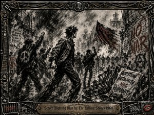 A turbulent charcoal street scene captures rebellious figures advancing through a smoke-filled city toward a distant police line. Deep blacks, weathered grays, and muted red accents create a tense, defiant mood. Dramatic shadows and rough textures suggest protest posters, graffiti, and unrest, framed by ornate metalwork, music details, and an engraved title plate.