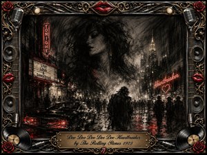 A brooding charcoal cityscape unfolds beneath rain-soaked night skies, centered on a mysterious womans shadowed profile and a solitary figure crossing a crowded street. Deep blacks, smoky grays, and vivid crimson neon create danger and heartbreak, while glowing signs, vintage cars, microphones, records, roses, and ornate gold framing add gritty rock-and-roll drama.