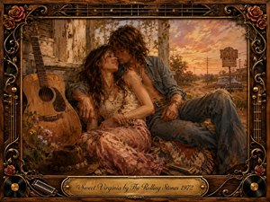 A tender bohemian couple rests beside a weathered acoustic guitar on a rural roadside at sunset, surrounded by wildflowers and rustic Americana. Warm amber, rose, and earthy brown tones glow beneath soft golden light. Painterly textures, vintage details, roses, records, harmonica, and ornate musical framing create nostalgic, romantic warmth.