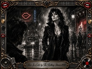 A glamorous, aloof woman dominates a rain-soaked city street, watched by a shadowed admirer amid headlights, mist, and distant musicians. Deep charcoal textures, smoky blacks, silvery highlights, and restrained red neon create a cold, seductive noir mood. An ornate chrome-and-gold musical frame adds lips, strings, microphone, vinyl, and an engraved title plate.