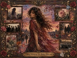 A windswept woman in flowing ruby-red fabric stands against a glowing twilight cityscape, surrounded by faded rosewood-framed memories of roses, musicians, lovers, and a vintage car. Warm crimson, gold, mauve, and sepia tones create a wistful romantic mood, blending painterly textures, soft light, musical ornamentation, and nostalgic elegance.