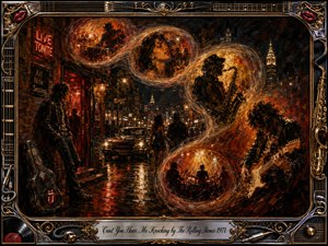 A fiery nocturnal rock scene unfolds on rain-slicked city streets, where guitarists, crowds, and glowing club signs merge with swirling memory-like bubbles of drums, faces, and saxophone. Rich amber, black, crimson, and gold tones create smoky intensity. Thick expressive brushwork, dramatic reflections, and an ornate music-themed frame evoke restless 1970s energy.