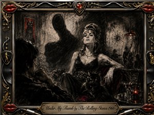 A glamorous woman lounges confidently with a black cat in a shadowy 1960s club, watched by a brooding figure beneath a looming thumb-shaped silhouette. Deep charcoal textures, smoky shading, crimson highlights, and gold accents create a tense, seductive mood, surrounded by an ornate rock-inspired frame and engraved title plate.