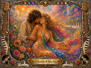 A romantic hippie couple embraces in a lush psychedelic garden, surrounded by roses, wildflowers, drifting musical notes, and flowing rainbow ribbons. Warm golden sunlight illuminates vivid oranges, pinks, blues, greens, and purples. Rich oil, acrylic, and watercolor textures create a dreamy 1960s atmosphere, framed by ornate musical decorations.