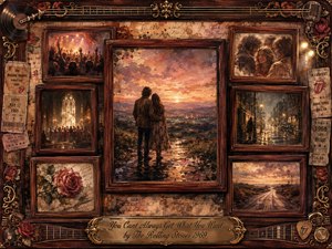 A nostalgic rosewood-framed collage surrounds a central couple gazing across a glowing sunset landscape, symbolizing longing, acceptance, and enduring companionship. Warm amber, crimson, brown, and dusky blue tones illuminate faded concert crowds, church interiors, rainy streets, roses, and open roads. Painterly textures, vintage memorabilia, guitars, and ornate gold details deepen the reflective mood.