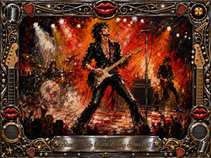 A fiery rock concert erupts around a swaggering guitarist beneath blazing red, orange, and white stage lights. Thick, energetic brushwork gives the scene an expressive oil-painted intensity, while shadowed musicians and cheering silhouettes deepen the drama. An ornate chrome-and-gold musical frame, red lips, guitars, speakers, and engraved title plate complete the spectacle.