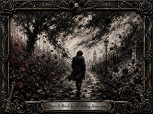 A solitary figure walks through a storm-darkened garden toward a hazy London skyline, surrounded by blackened roses, swirling charcoal shadows, and scattered crimson petals. Deep blacks, smoky grays, and muted reds create a brooding atmosphere, while dramatic light reveals expressive textures. An ornate black-and-gold musical frame completes the gothic composition.