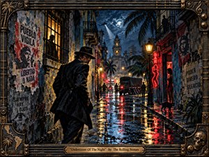 A wary man in a dark coat and fedora slips through a rain-soaked colonial alley at night, framed by propaganda posters, neon bar light, soldiers, and a distant cathedral. Deep blues, amber lamps, and crimson reflections create a tense, cinematic mood, while heavy painterly textures and an ornate metal frame heighten the songs shadowy, dangerous atmosphere.