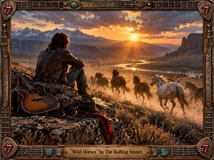 A solitary long-haired figure rests beside a weathered acoustic guitar, watching wild horses race through a vast river valley at sunset. Golden light cuts through stormy clouds, illuminating dust, rugged mesas, and distant snowy peaks. The cinematic, photorealistic scene feels wistful and free, framed by ornate guitar-inspired metalwork and turquoise details.