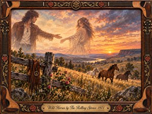 A wistful couple appears like fading memories above a golden countryside, their outstretched hands nearly touching as wild horses run through sunlit grass below. Warm amber, rose, and dusky blue tones fill the dramatic sunset. Painterly oil textures, rustic fencing, flowers, and an ornate guitar-inspired frame create nostalgic romantic depth.