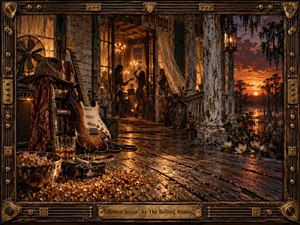 A weathered electric guitar rests on a humid Southern porch overlooking a fiery bayou sunset, while shadowy musicians perform inside a glowing, timeworn house. Amber, rust, brown, and black tones create a sultry, decadent mood. Rich painterly textures, worn wood, brass hardware, lantern light, glass, and scattered crystals heighten the tactile atmosphere.