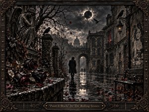A solitary figure walks a rain-slick cobblestone street through a decaying old city beneath a black eclipse, framed by mourning statuary, ravens, bare branches, and scattered dark roses. The composition is cinematic and deeply atmospheric, with charcoal tones, muted crimson accents, reflective wet surfaces, ghostly light, and richly textured gothic detailing.