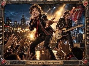 A dramatic, cinematic concert scene captures a charismatic rock vocalist reaching toward an ecstatic crowd while a guitarist and drummer perform behind him. Warm golden spotlights pierce smoky blue darkness, blending with city lights in the distance. Rich blacks, amber, crimson, and metallic textures create a gritty, handcrafted vintage-rock atmosphere, framed with ornate hardware and a brass title plaque.