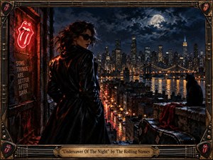 A cinematic nocturnal cityscape unfolds beneath a stormy moon, with a mysterious woman in a black leather coat overlooking rain-slick streets, glowing bridges, and distant skyscrapers. Deep blues, crimson highlights, and golden reflections create tension and seduction. A black cat, weathered guitar case, neon symbolism, and handcrafted metal frame reinforce the songs dark atmosphere.