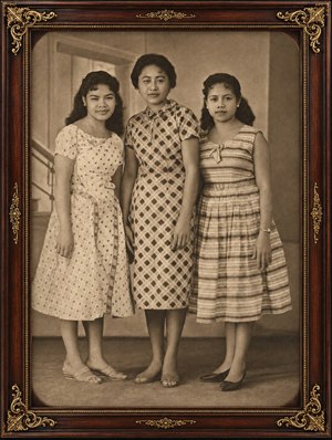 Kung Fu Hand Painting - Lovingly restored sepia family portrait shines within rich rosewood frame, dressed with ornate gold inlay and elegant corner scrollwork. Three graceful women stand in timeless poise, their vintage dresses, soft expressions, and antique warmth creating a cherished heirloom look full of dignity, memory, and beauty forever.