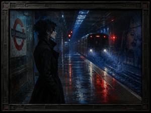 Kung Fu Hand Painting - A mysterious woman waits beside a rain-slicked underground platform as an approaching train cuts through blue mist and red signal light. Glamour, tension, and emotional distance meet cinematic brushwork, while the industrial frame and intense reflections create a bold, atmospheric artwork charged with hypnotic trip-hop energy.