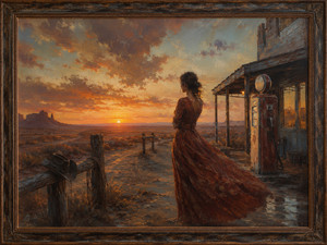 Kung Fu Hand Painting - A solitary woman watches the sun sink beyond an abandoned desert road, where a weathered gas pump, empty hitching rail, and forgotten cowboy hat suggest a vanished way of life. Rich sunset colors and flowing brushwork create a powerful scene of longing, independence, and fading Western dreams.