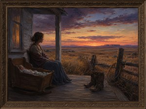 Kung Fu Hand Painting - Seated quietly on a farmhouse porch, a woman looks across the endless prairie while an empty pair of cowboy boots and a coiled rope rest nearby. The glowing horizon, rustic cradle, and sweeping evening sky capture the emotional distance between family life, romantic promises, and dreams that never returned.