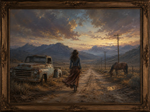 Kung Fu Hand Painting - A lone woman walks toward distant mountains along a rugged country road, passing an abandoned pickup truck and a riderless horse. Dramatic clouds and weathered telephone poles guide the eye into the open landscape, creating a reflective portrait of courage, uncertainty, and the search for something once believed eternal.