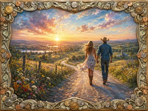 Kung Fu Hand Painting - A couple walks hand in hand down a winding country road through wildflowers and warm evening light. The open hills, distant farm, and glowing sky suggest calm trust and natural destiny, reflecting the songs easy message that love does not need forcing when life unfolds exactly as it should.