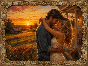 Kung Fu Hand Painting - Locked in a tender embrace on a farmhouse porch at sunset, a couple shares a moment that feels complete and timeless. Warm light pours across the fields and flowers around them, capturing deep gratitude, devotion, and the overwhelming sense that nothing more is needed when love is already enough.