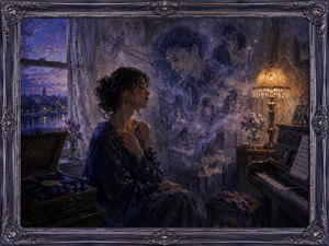 Kung Fu Hand Painting - A solitary woman listens beside an antique record player as twilight fills the room with blue and violet shadows. Warm lamplight illuminates a piano, fading photographs, and ghostly memories of love drifting through the air. The music exposes buried emotions, awakening longing, tenderness, vulnerability, and quiet heartbreak.