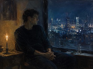 Kung Fu Hand Painting - A solitary man sits beside a candlelit window, gazing across a restless city washed in midnight blue. Warm flame and distant lights divide the scene between comfort and isolation. His clasped hands and quiet posture suggest memory, doubt, and the private search for something honest enough to believe in.