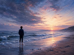 Kung Fu Hand Painting - A lone figure stands barefoot at the edge of the sea as dawn opens across the horizon. Dark waves carry away the weight of night while rose and golden light spreads over the wet sand. The scene captures release, renewal, and the fragile courage required to trust life again.