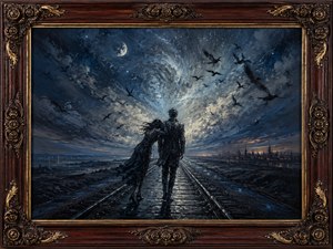 Kung Fu Hand Painting - A devoted pair walks along rain-polished railway tracks beneath a swirling moonlit sky, leaning together against the wind. Dark birds scatter through silver clouds while distant industrial lights mark the horizon. Rich rosewood, routed inlay, gold leaf, and complex carved corners surround this haunting vision of loyalty and forward motion.