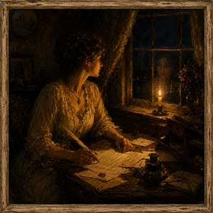 Kung Fu Hand Painting - A breathtaking candlelit masterpiece glows with romance, mystery, and old-world elegance. An elegant woman writes with a quill beside a ghostly window reflection, surrounded by warm shadows, aged letters, and rich antique detail. The sun-bleached wooden frame completes this dramatic, collectible artwork, ready to enchant any gallery wall today.