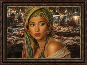 Kung Fu Hand Painting - A richly detailed framed painting shows a woman in a colorful head scarf working inside a busy fish market. Warm hanging lights glow over tables piled with fresh fish, while workers move in the background. Her tan skin, makeup, cheekbones, earrings, and exposed shoulder give the portrait a polished, dramatic market-scene elegance.