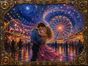 Kung Fu Hand Painting - Beneath a moonlit carnival sky, two lovers embrace before a blazing Ferris wheel as musical light sweeps through stars, crowds, and rain-bright reflections. Neon signs and attractions deepen the romantic energy. An elaborate frame of brass, copper, steel, and gold sprockets completes this celebration of devotion.