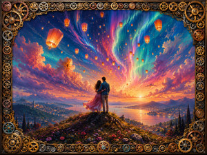 Kung Fu Hand Painting - A devoted couple stands together on a flower-covered hill, watching lanterns rise through an aurora of turquoise, magenta, orange, and gold. Mountains, water, lights, and sunset reflections open beneath them. Intricate mixed-metal sprockets surround the vision, framing love as an uplifting journey toward wonder and possibility.