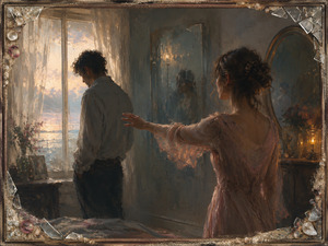 Kung Fu Hand Painting - Inside a dim romantic room, a woman reaches toward a man turning silently toward the window. Warm amber light, cool coastal haze, fractured reflections, and a sand-strewn broken-glass frame capture the fragile instant when love remains present, yet trust and closeness begin slipping painfully, slowly away.