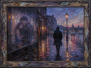 Kung Fu Hand Painting - A solitary man walks through a rain-polished city while a ghostly embrace lingers within a storefront reflection. Violet twilight, glowing lamps, wet pavement, and an ornate broken-glass and sand frame blend past affection with loneliness, creating a haunting portrait of romance that will not release him.