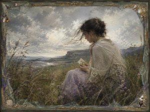 Kung Fu Hand Painting - Seated among windswept coastal grasses, a thoughtful woman studies an old letter and treasured locket beneath restless gray clouds. Distant water, lavender wildflowers, weathered gold ornament, broken glass, shells, and sand frame her quiet sorrow, preserving a love remembered long after the final words were written.