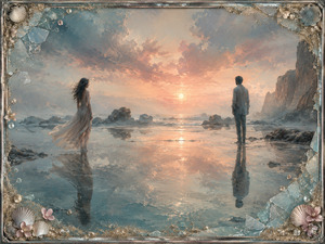 Kung Fu Hand Painting - Two distant lovers stand apart across mirror-like tidal water as a peach sunset burns between them. Their elongated reflections almost meet, while rocks, mist, broken glass, shells, flowers, pearls, and sand surround the shore. The luminous scene captures unfinished devotion, separation, and feelings that continue lingering.