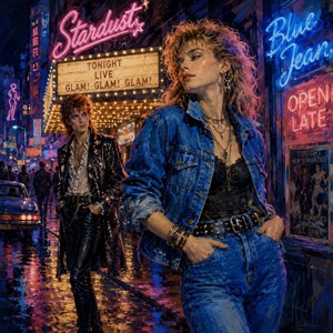 Kung Fu Hand Painting - Electric neon spills across a rain-soaked 1980s street as a confident woman in vivid blue denim commands the foreground. Behind her, a mysterious glam-rock admirer watches beneath blazing theatre lights. Rich brushwork, reflected colour, and midnight energy transform the scene into a stylish portrait of romance, rebellion, and unforgettable nightlife.